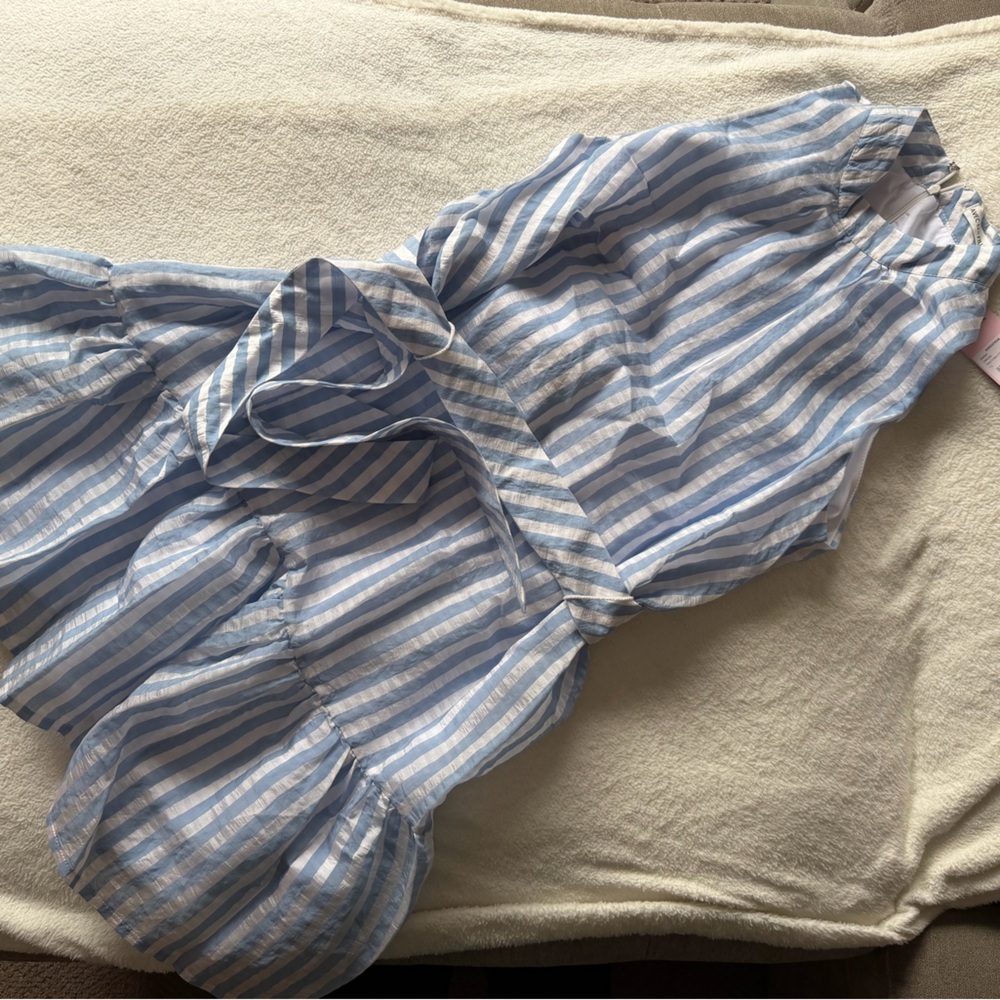 NWT Avec Les Filles Blue & White Striped High-Neck Ruffle Hem Mini Dress Size 12 - Picture 5 of 8